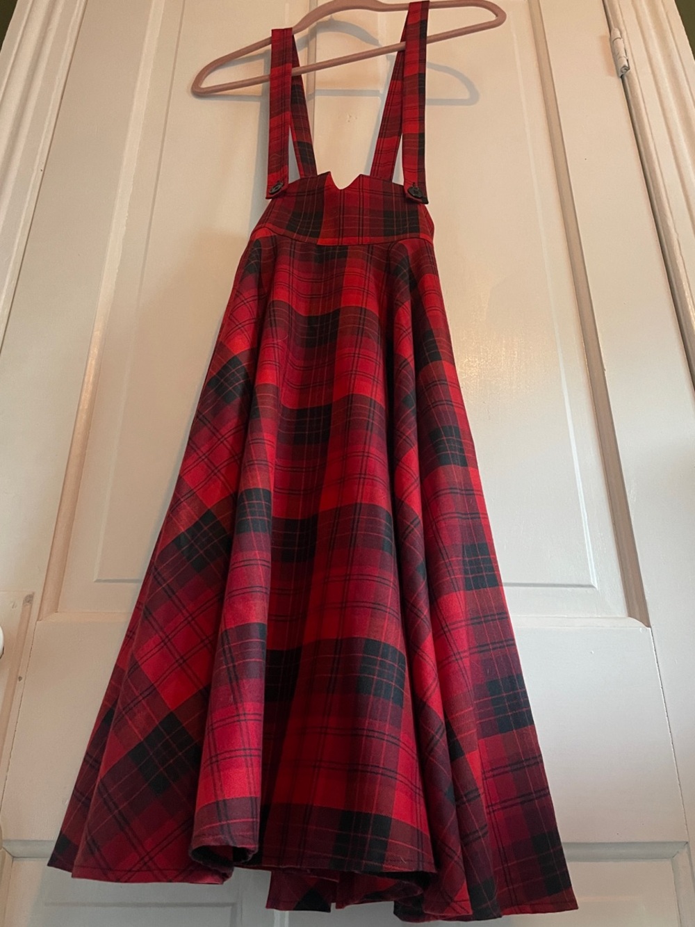 Voodoo Vixen Red and Black Plaid Midi Skirt with Suspenders
